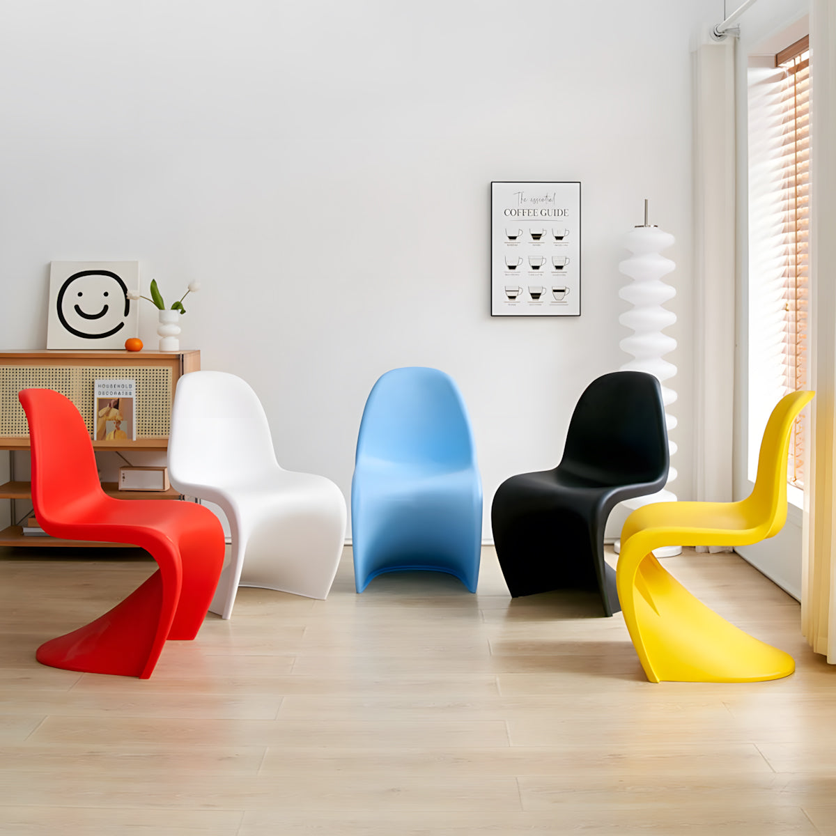 Minimalist S-Shaped plastic dining chair dimensional drawing with measurements and curved silhouette product view