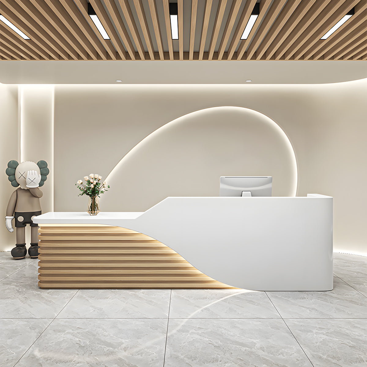 Modern Salon Reception Desk with Wood Grain Lattice Slat