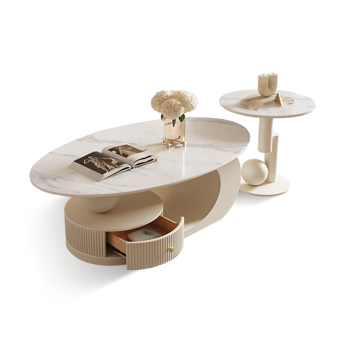 Modern Coffee Table with Oval, Sintered Stone & Ample Storage for Living Room