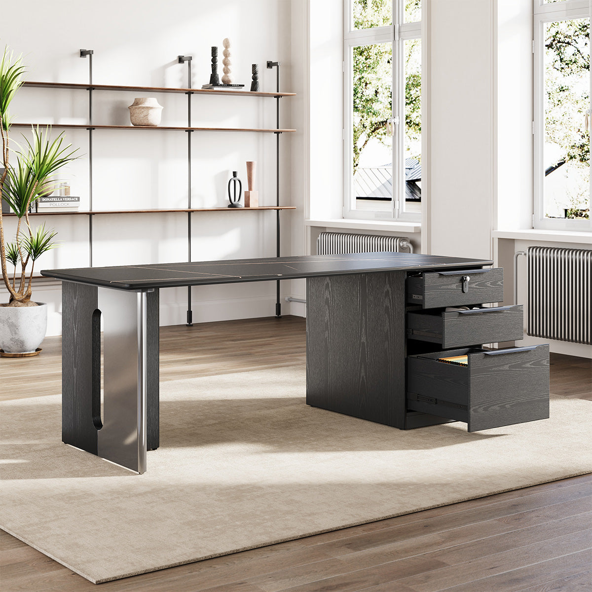 63" Sintered Stone Office Desk with Reversible Pedestal and Lockable Drawer product view 4