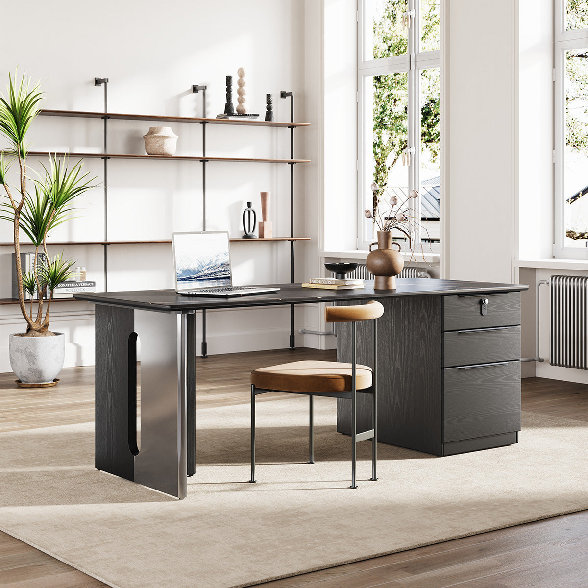 63" Sintered Stone Office Desk with Reversible Pedestal and Lockable Drawer for modern office workspace