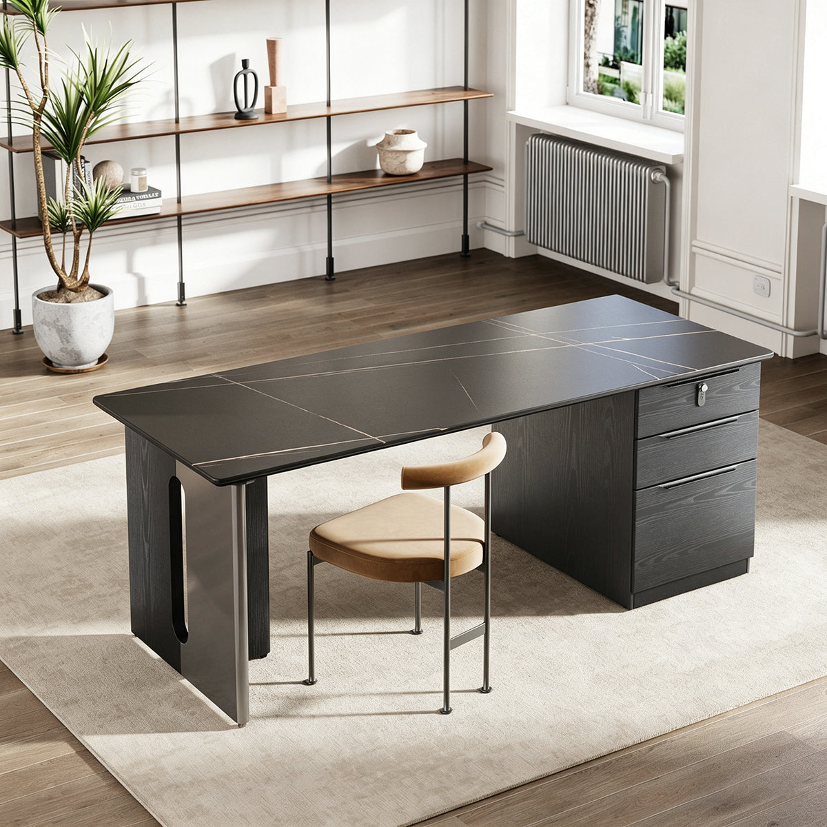 63" Sintered Stone Office Desk with Reversible Pedestal and Lockable Drawer product view 3
