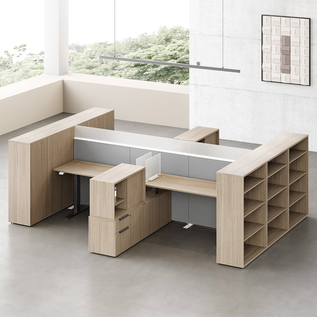 6-person Sit-stand Workstation with Integrated Open Shelving, Privacy Screens and 30"-47" Adjustable Height product view 3