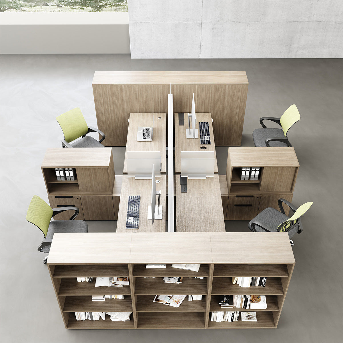6-person Sit-stand Workstation with Integrated Open Shelving, Privacy Screens and 30"-47" Adjustable Height product view 5