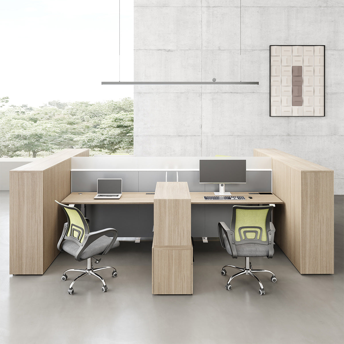 6-person Sit-stand Workstation with Integrated Open Shelving, Privacy Screens and 30"-47" Adjustable Height product view 2