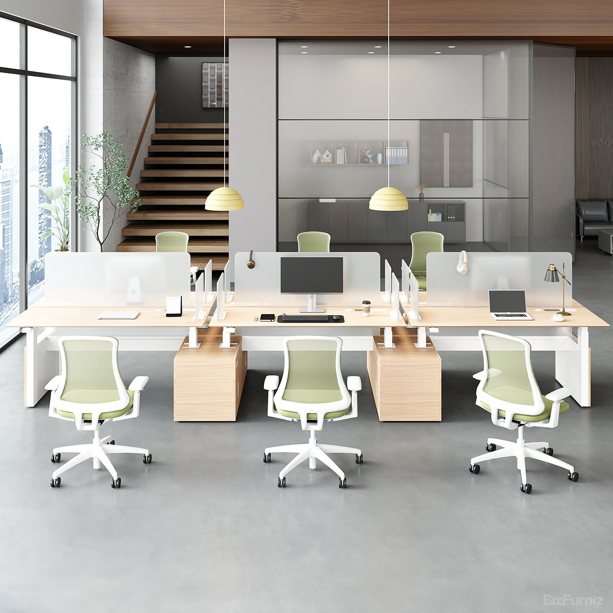 6-Person Office Workstation with Adjustable Height, Cable Management and Cabinet for modern office workspace