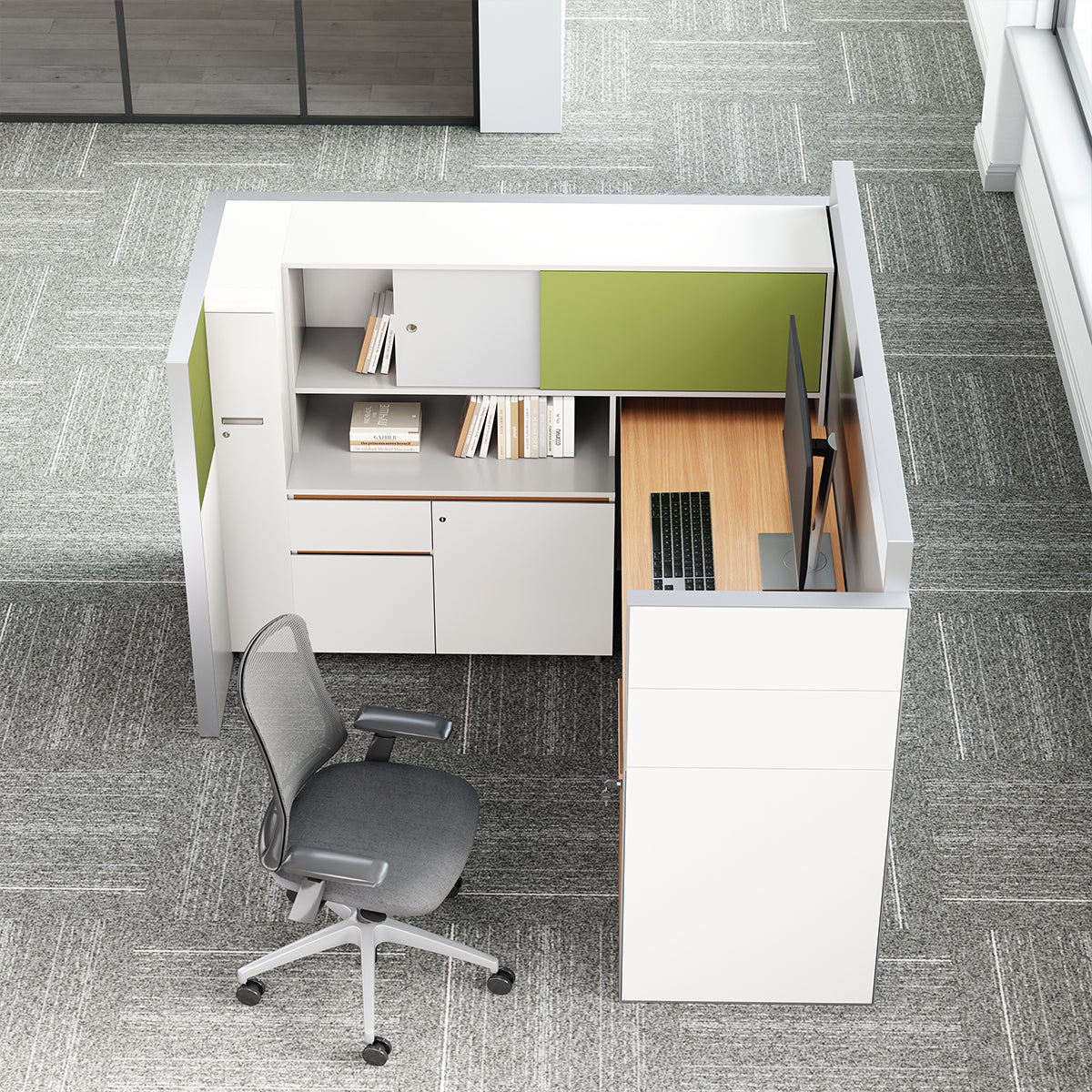 Executive L-Shaped Cubicle Office Desk with Overhead Storage, Integrated Bookcase, and Secure Mobile Filing product view 3
