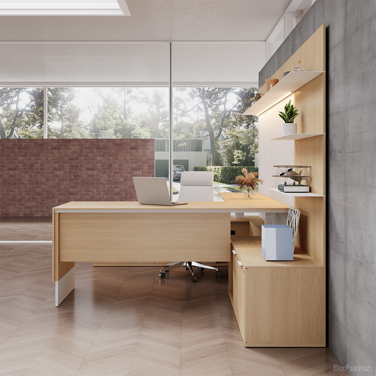 134" L Elegant Office Desk with Height-adjustable Design and Open Storage Cabinet for Modern Workspaces product view 5
