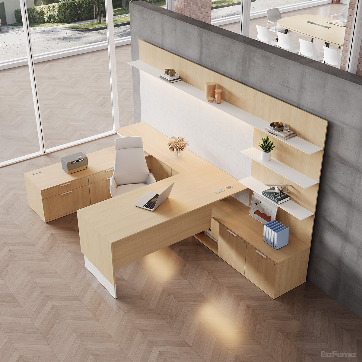 134" L Elegant Office Desk with Height-adjustable Design and Open Storage Cabinet for Modern Workspaces product view 3