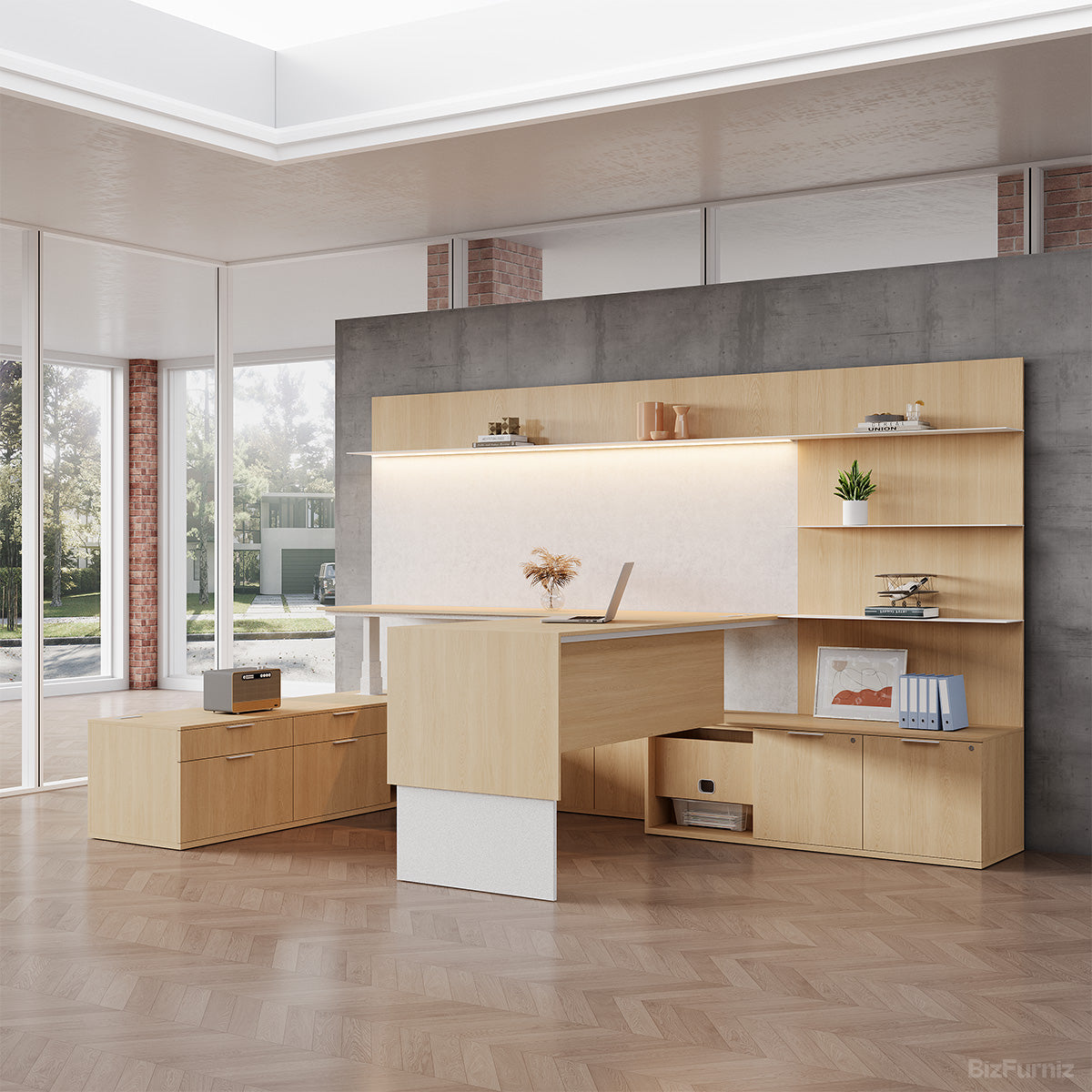 134" L Elegant Office Desk with Height-adjustable Design and Open Storage Cabinet for Modern Workspaces product view 2