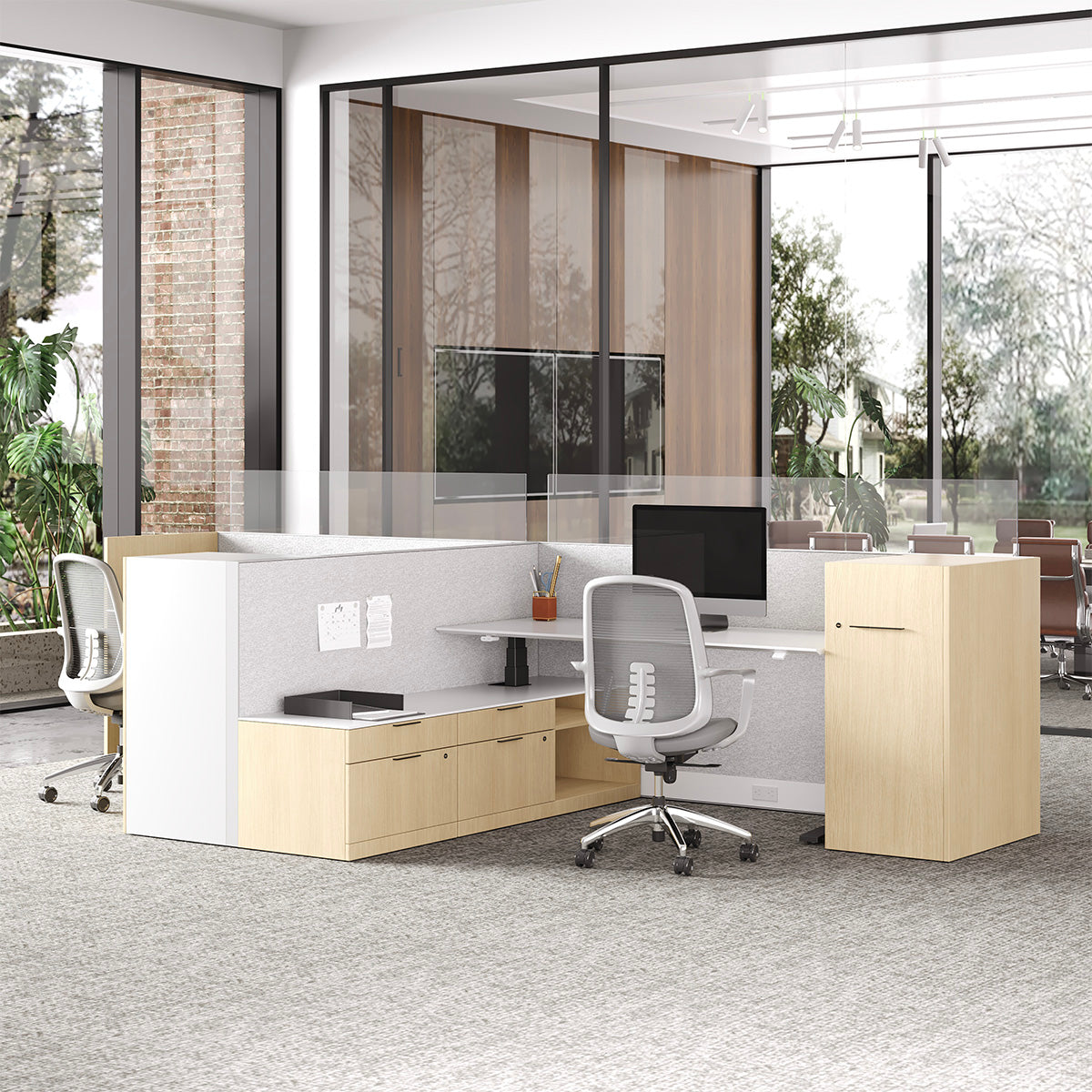 171" Sit Stand Desk, L-shaped Office Workstation for Two with Partition Boards and Storage Cabinet product view 2