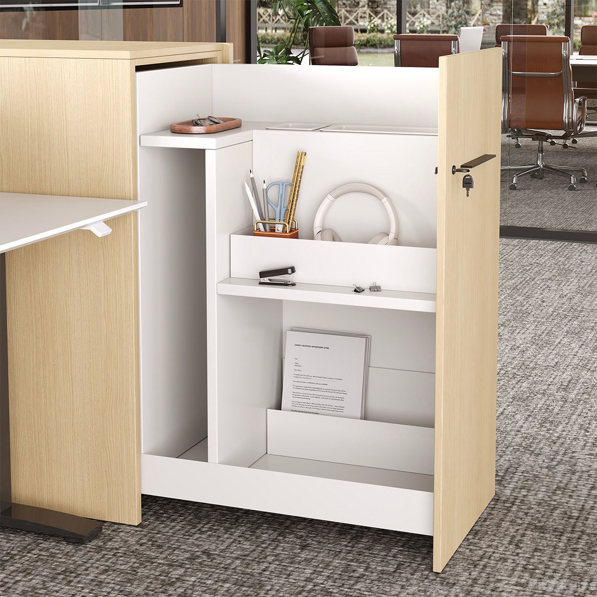 171" Sit Stand Desk, L-shaped Office Workstation for Two with Partition Boards and Storage Cabinet product view 4