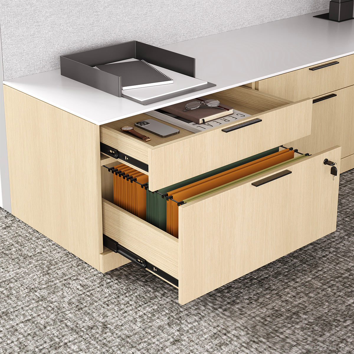 171" Sit Stand Desk, L-shaped Office Workstation for Two with Partition Boards and Storage Cabinet product view 5