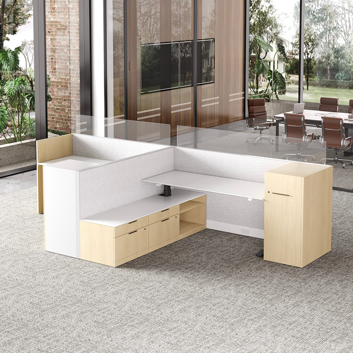 171" Sit Stand Desk, L-shaped Office Workstation for Two with Partition Boards and Storage Cabinet product view 3
