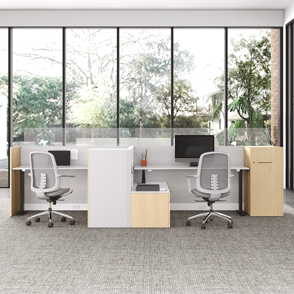 171" Sit Stand Desk, L-shaped Office Workstation for Two with Partition Boards and Storage Cabinet product view 7
