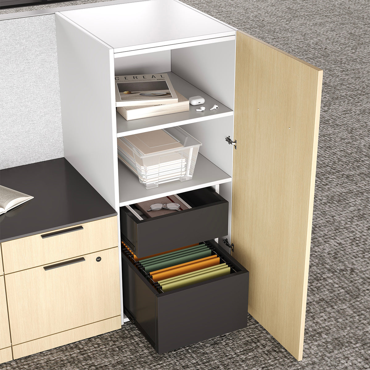 171" Sit Stand Desk, L-shaped Office Workstation for Two with Partition Boards and Storage Cabinet product view 9