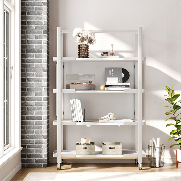 White 4-Tier Rolling Open Storage Bookshelf