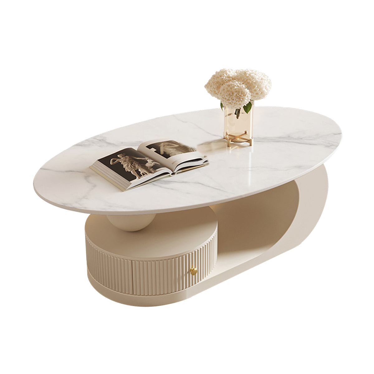 Modern Coffee Table with Oval, Sintered Stone & Ample Storage for Living Room