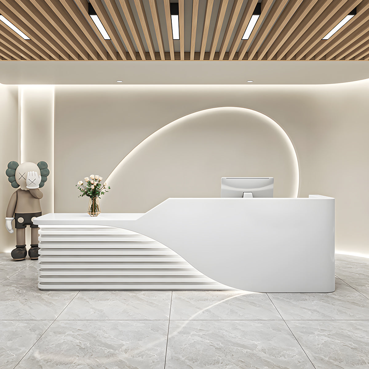 Modern Salon Reception Desk with Wood Grain Lattice Slat