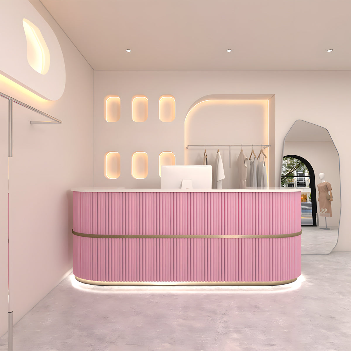 Curved salon reception desk detail close-up
