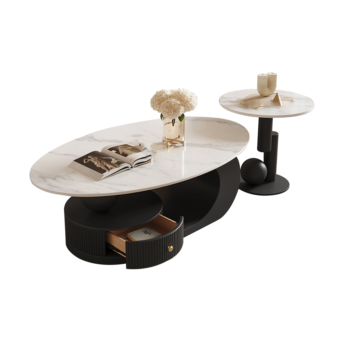 Modern Coffee Table with Oval, Sintered Stone & Ample Storage for Living Room