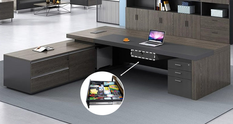 Two-Tone L-Shaped Executive Desk 71–118 in Wide