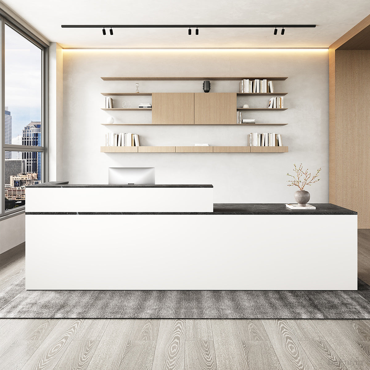 Reception Desk 63–79 in Wide with Counter & Tray