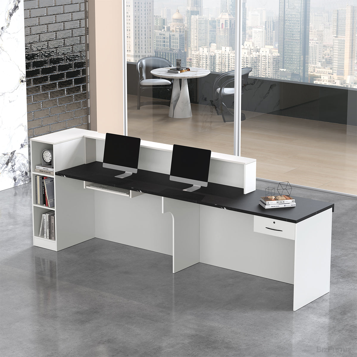 71" Modern Reception Desk with Counter, Open Shelving and Lockable Drawer product view 3