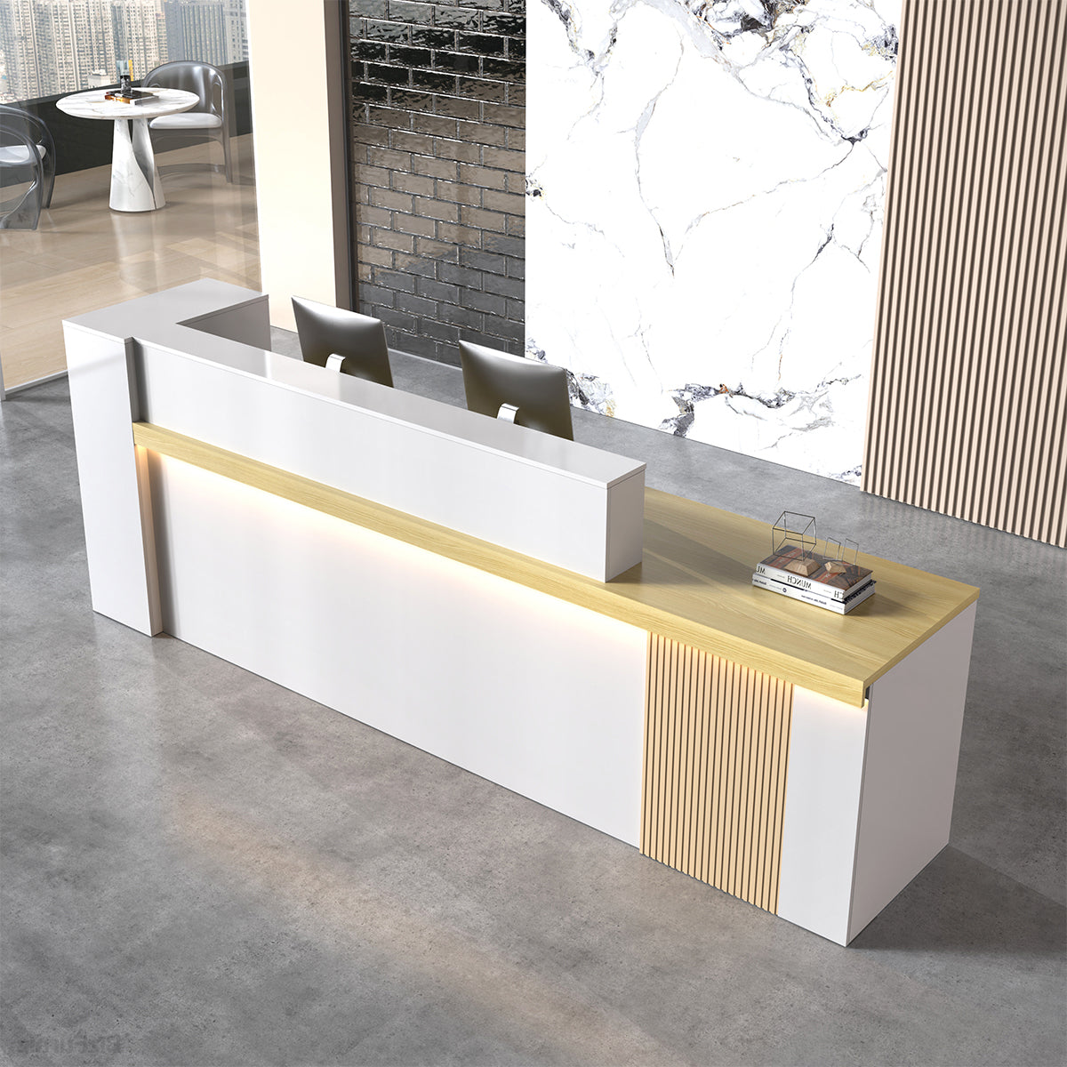 Modern Reception Desk with Counter, Open Shelving and Lockable Drawer