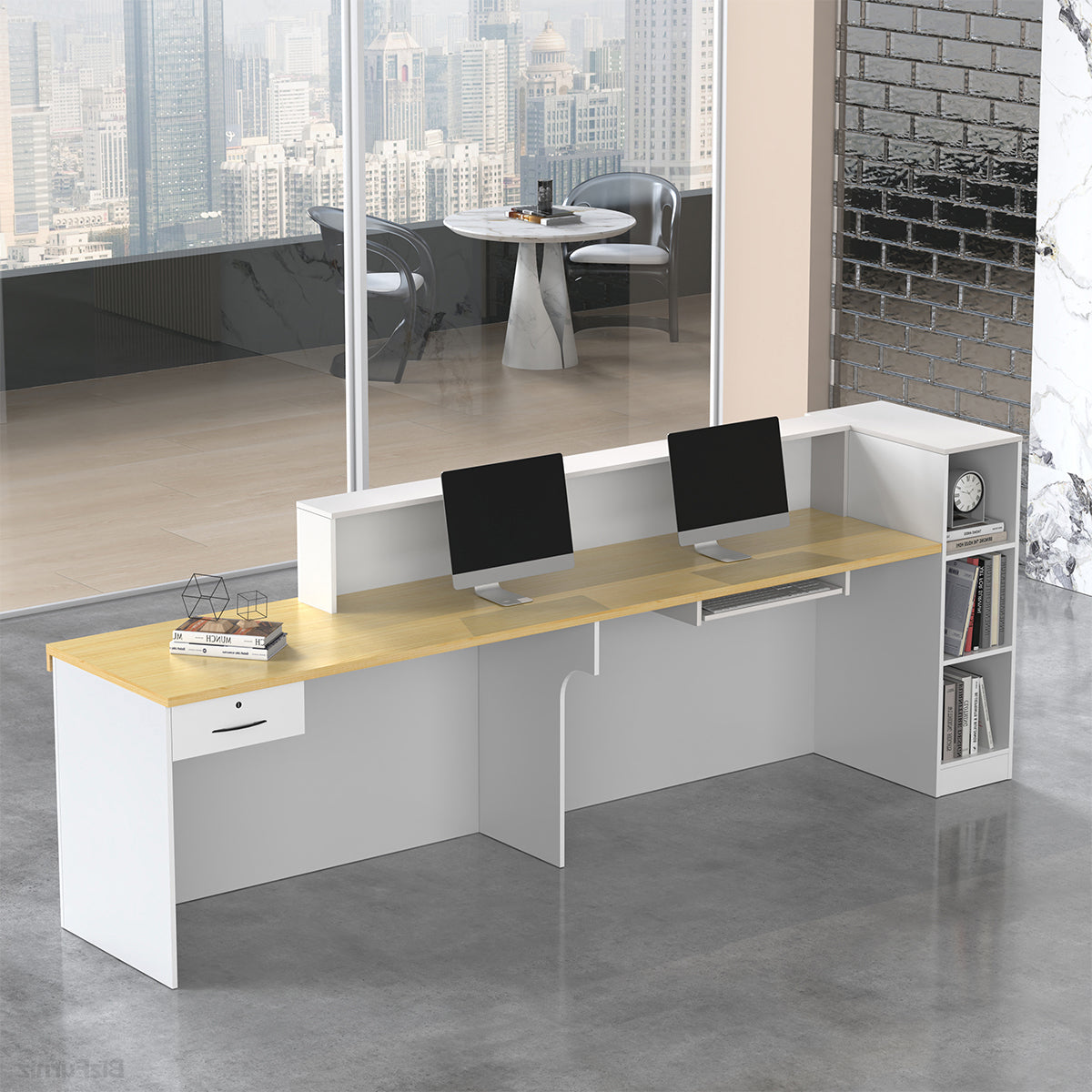 71" Modern Reception Desk with Counter, Open Shelving and Lockable Drawer