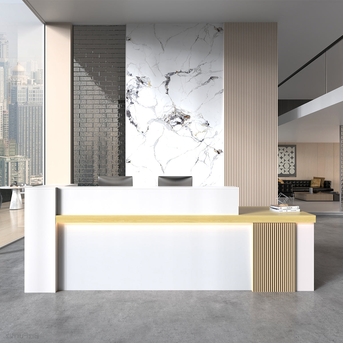 71" Modern Reception Desk with Counter, Open Shelving and Lockable Drawer product view 8