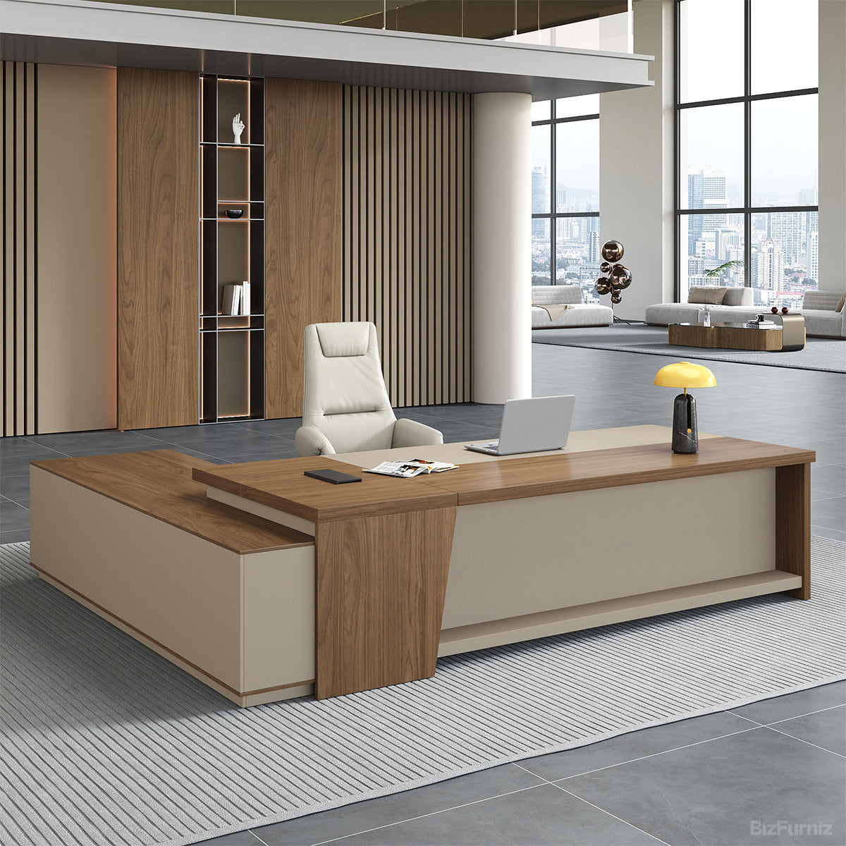 79" L-shaped Executive Desk with USB Port and Reversible Cabinet for modern office workspace