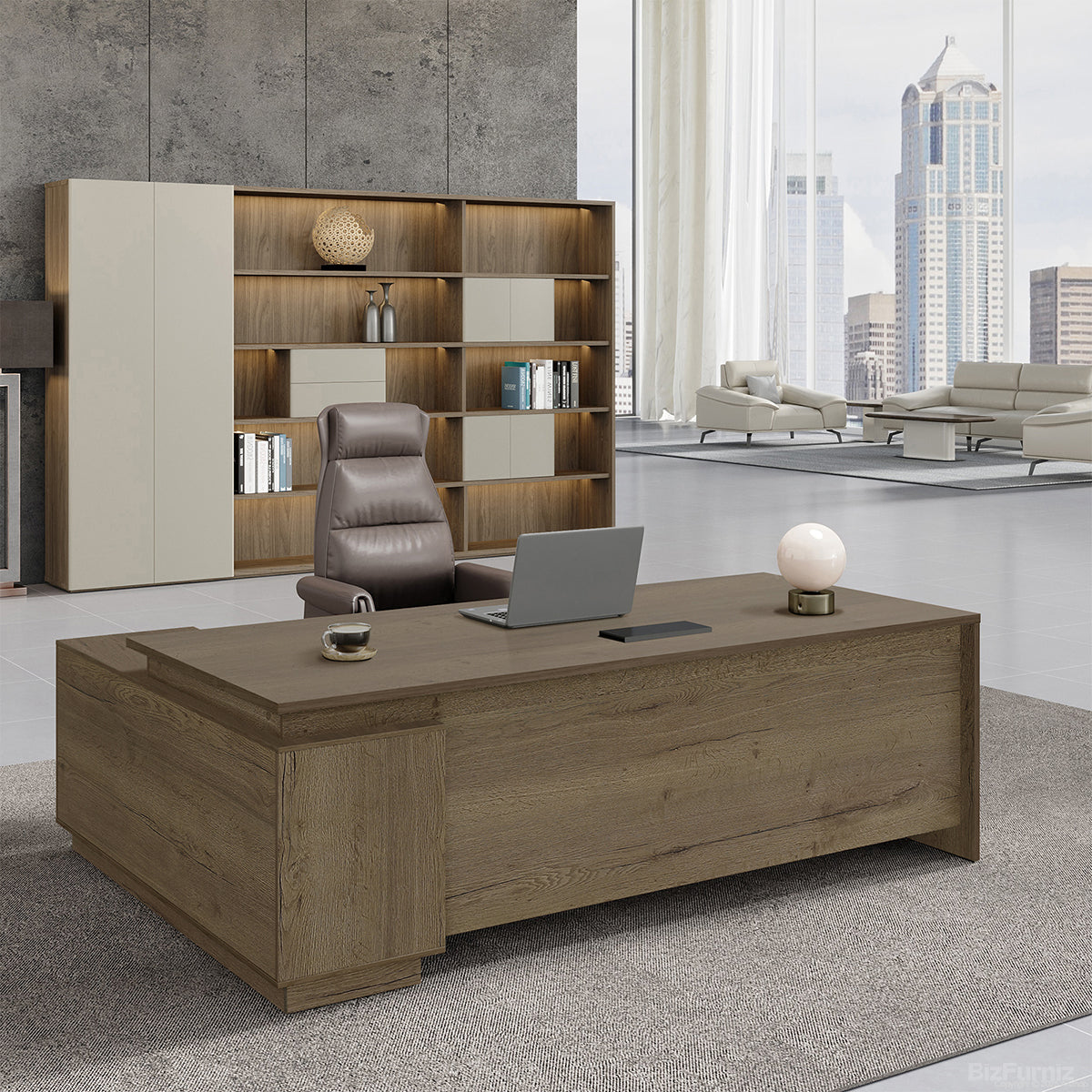 63" L-shaped Executive Desk with Built-in Power Outlet and Reversible Side Cabinet product view 6