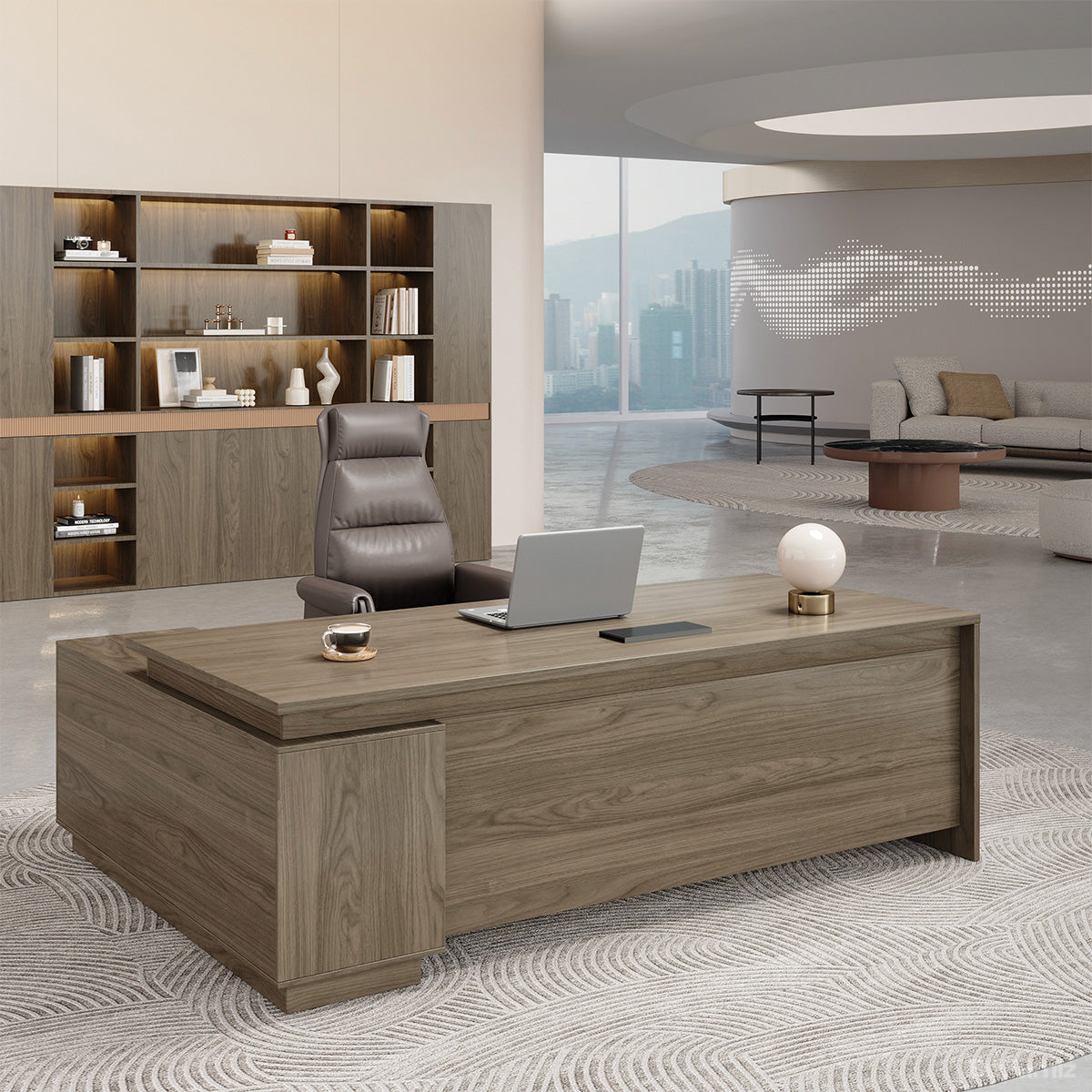 63" L-shaped Executive Desk with Built-in Power Outlet and Reversible Side Cabinet for modern office workspace
