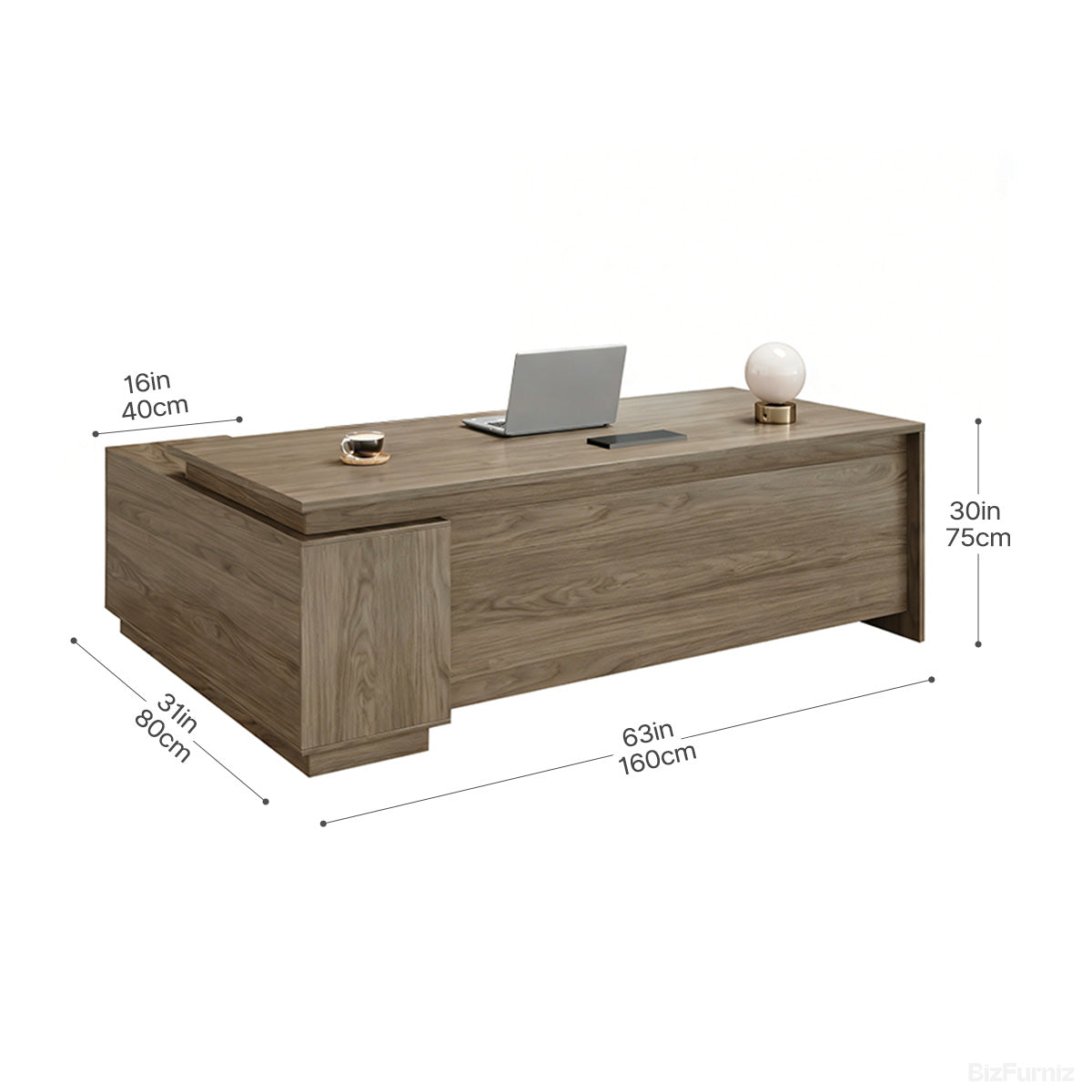 63" L-shaped Executive Desk with Built-in Power Outlet and Reversible Side Cabinet product view 4