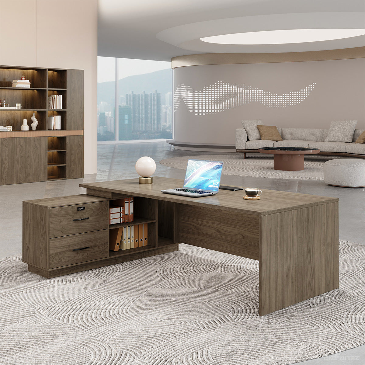 63" L-shaped Executive Desk with Built-in Power Outlet and Reversible Side Cabinet product view 3