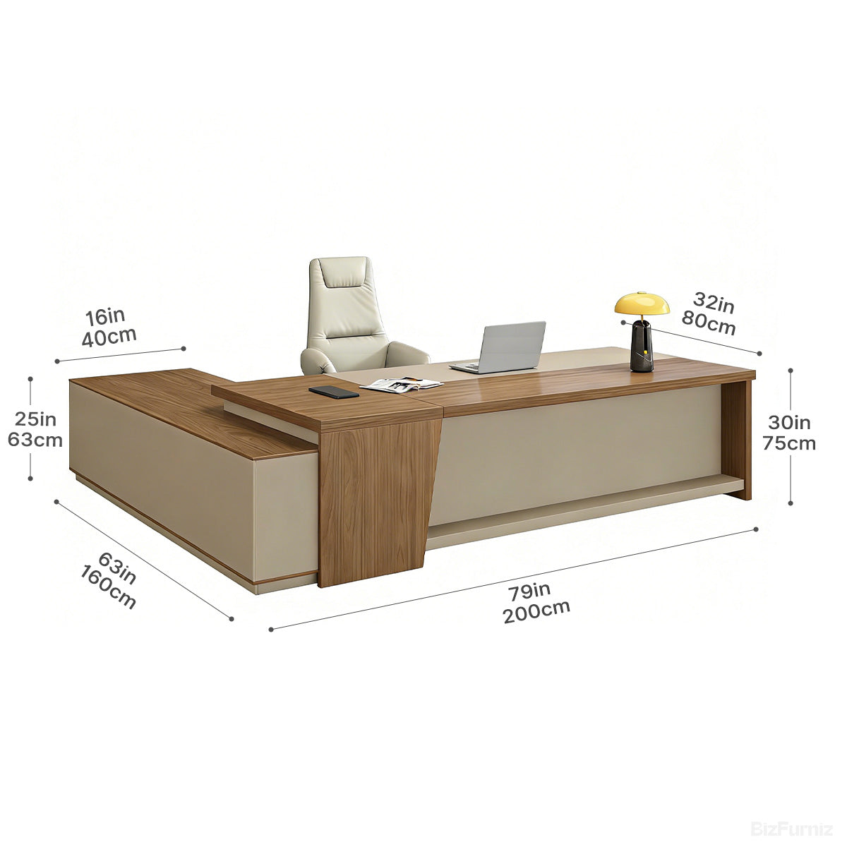 79" L-shaped Executive Desk with USB Port and Reversible Cabinet product view 4