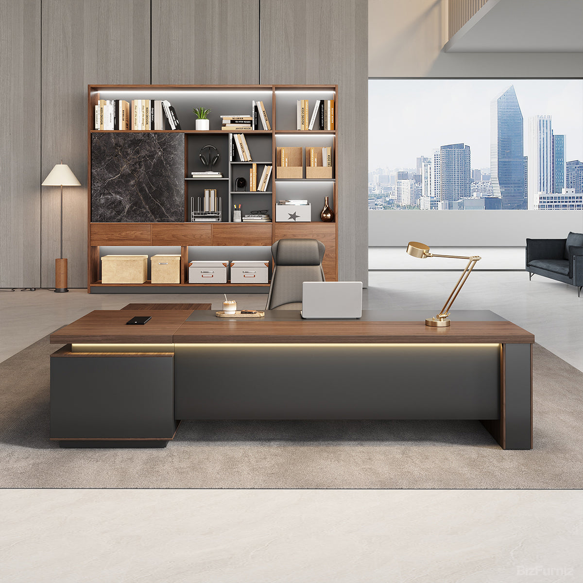 L-shaped Executive Desk with Built-in Outlets and Reversible Return for modern office workspace