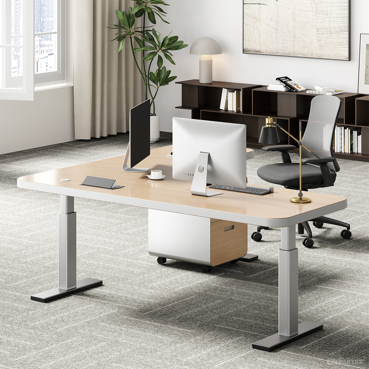 78" L-shaped Sit-Stand Office Desk with Built-in Power Hub and Under-desk Cabinet product view 2
