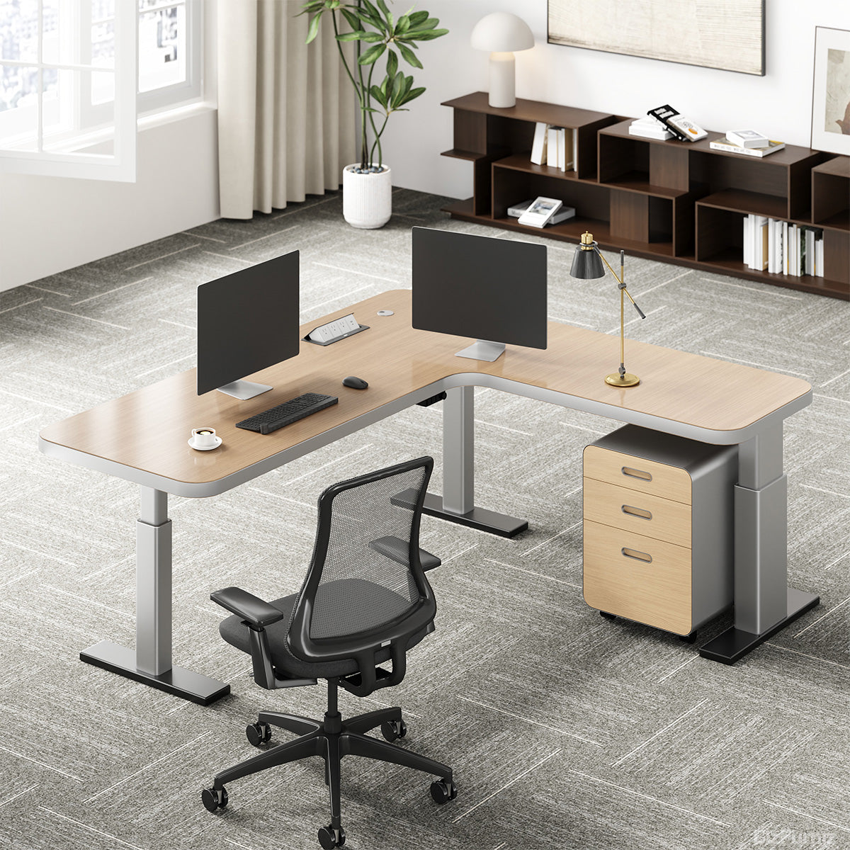 78" L-shaped Sit-Stand Office Desk with Built-in Power Hub and Under-desk Cabinet product view 3