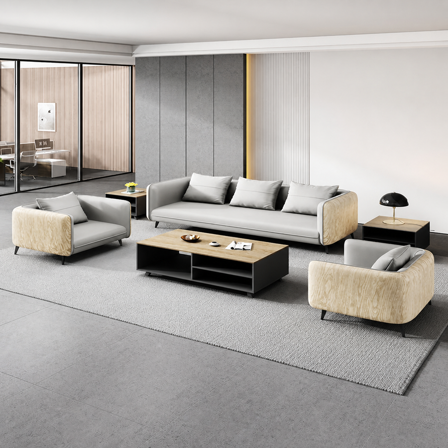 Sofa, main product view, Modern Business Reception and Negotiation Wood Grain Leather Sofa In Gray Color finish, for reception area or front office,...