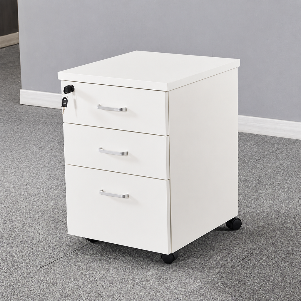 Solid Wood Freestanding Mobile White, All white, All White finish, for office storage space, office storage furniture