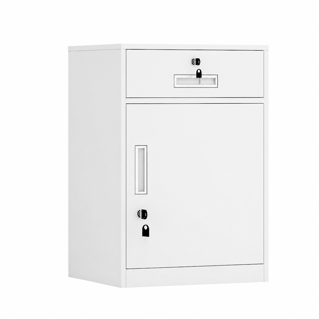 File Cabinet, 1 draw 1 door White, White finish, L17" x W15" x H26", for executive office workspace, modern executive office furniture