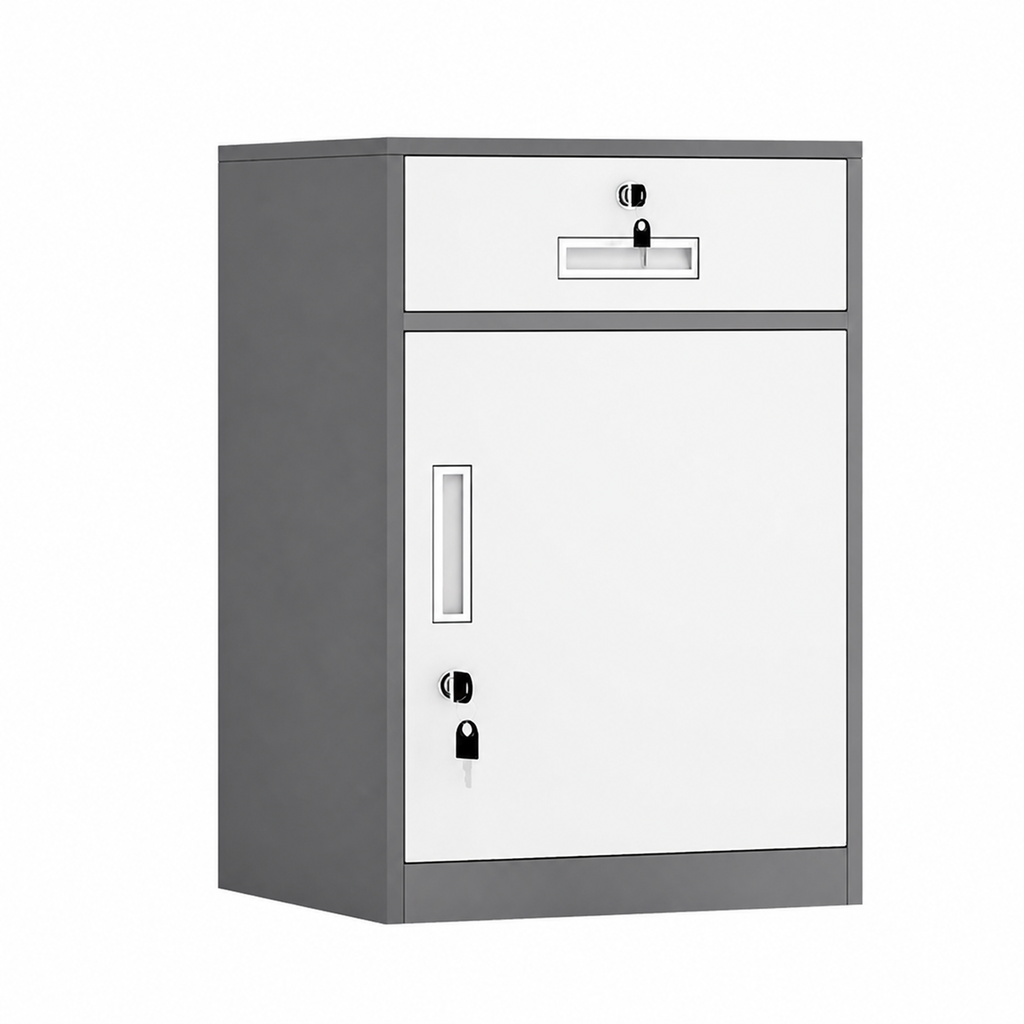 File Cabinet, 1 draw 1 door Grey over white, Grey Over White finish, L17" x W15" x H26", for executive office workspace, modern executive office furniture
