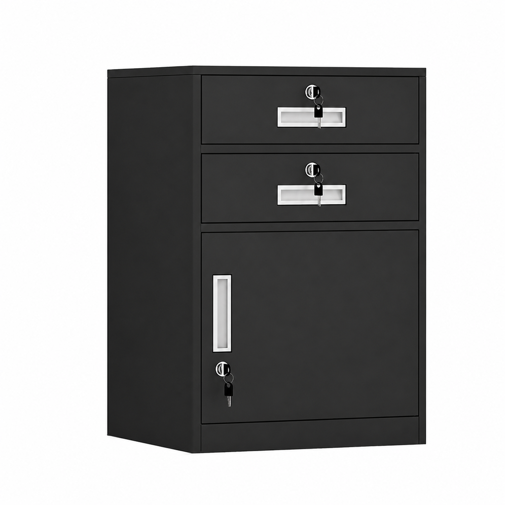 File Cabinet, 2 draw 1 door Black, Black finish, L17" x W15" x H26", for executive office workspace, modern executive office furniture