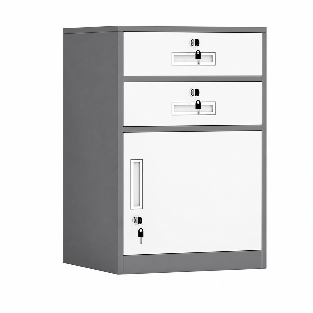 File Cabinet, 2 draw 1 door Grey over white, Grey Over White finish, L17" x W15" x H26", for executive office workspace, modern executive office furniture