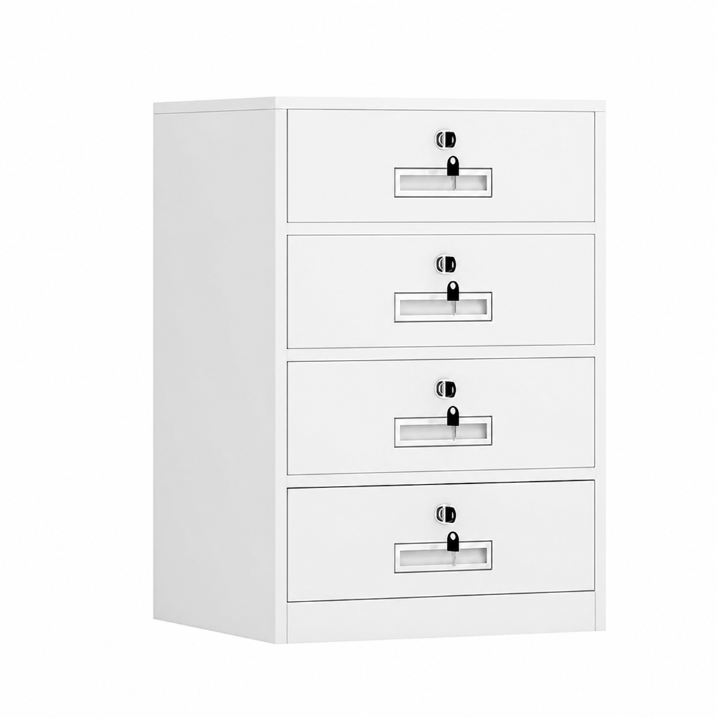 File Cabinet, 4 Drawer Low Cabinet White, White finish, L17" x W15" x H26", for executive office workspace, modern executive office furniture