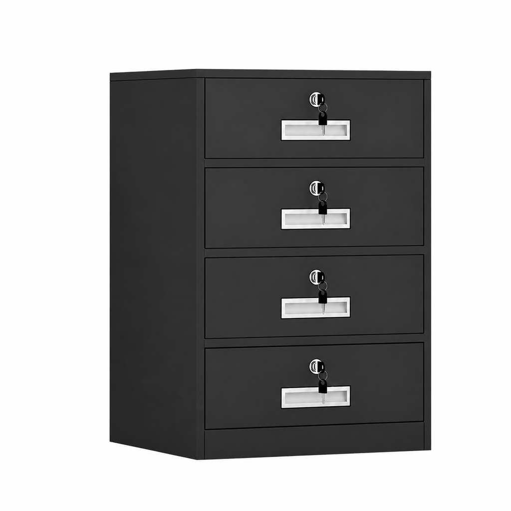 File Cabinet, 4 Drawer Low Cabinet Black, Black finish, L17" x W15" x H26", for executive office workspace, modern executive office furniture