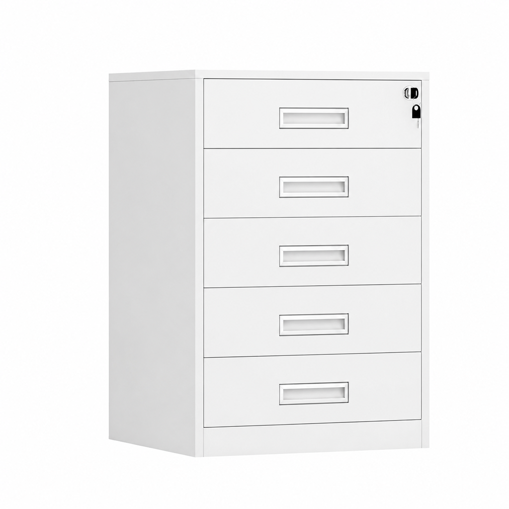 File Cabinet, 5 Drawer Low Cabinet White, White finish, L17" x W15" x H26", for executive office workspace, modern executive office furniture