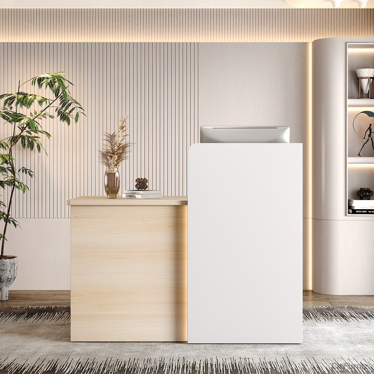 Modern reception desk with decorative elements in a stylish interior setting